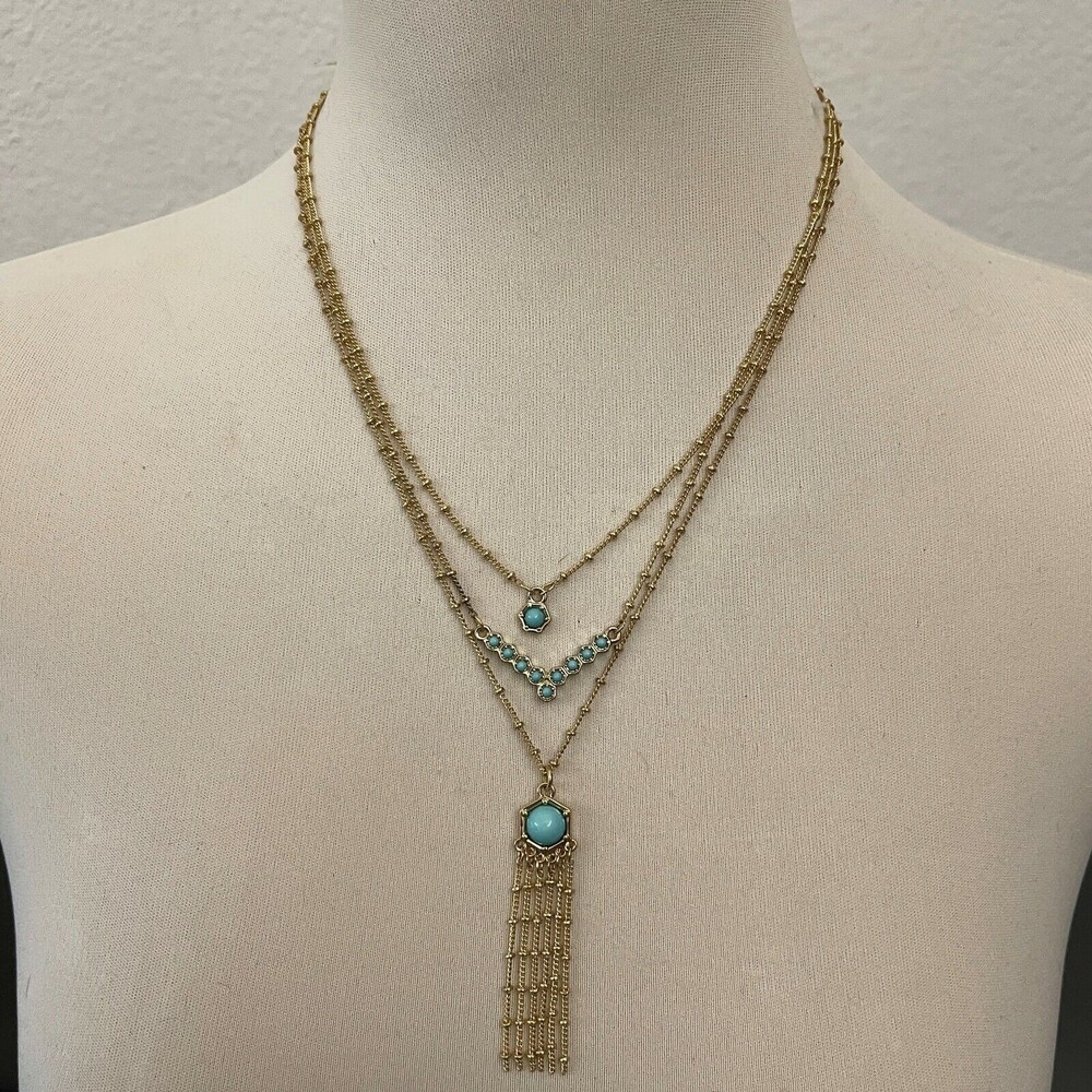 Gold-tone Layered Chains Blue Multistrands Women's Fashion‎ Necklace NWOT
